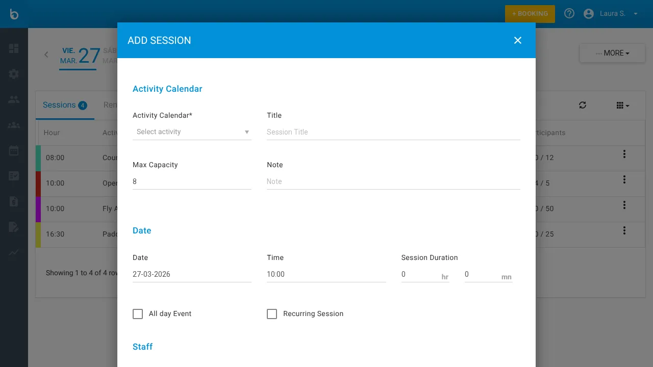 Session creation modal